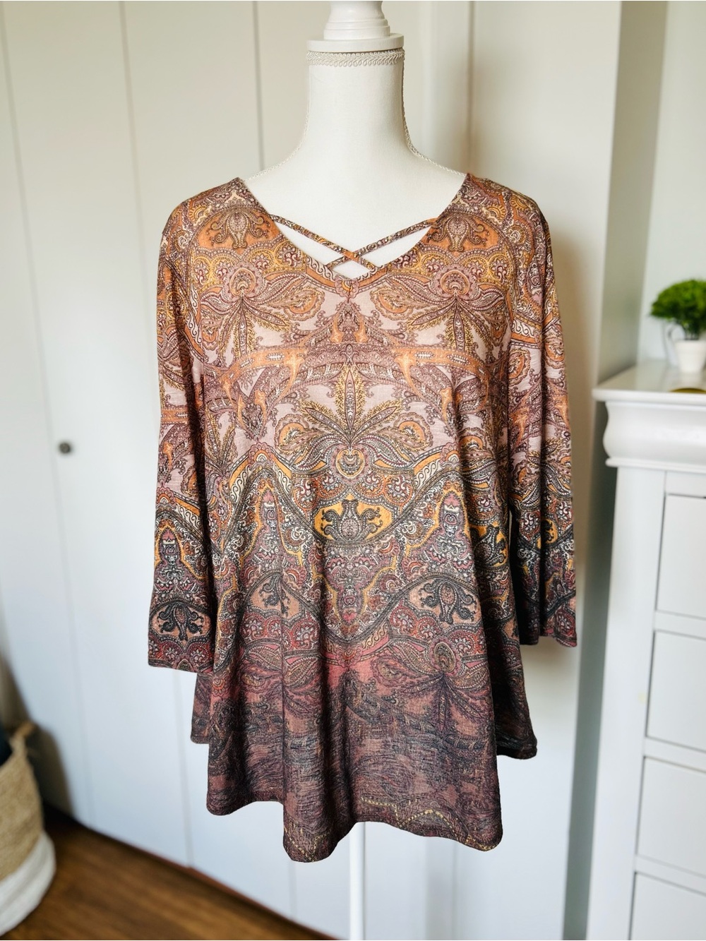 Ruby Rd. Paisley Crisscross Neck Tunic Top - Brown Multi